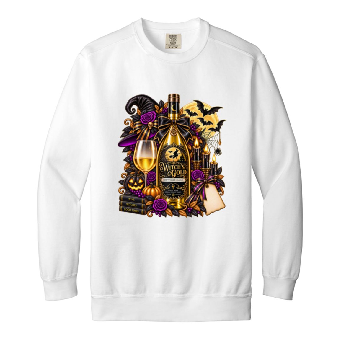 White sweatshirt with an elegant gothic Halloween design featuring an ornate golden bottle labeled “Witch's Gold,” surrounded by purple roses, black foliage, pumpkins, glowing candles, bats, spiderwebs, a witch hat, moon, and black-and-purple decorative ribbons on a transparent background