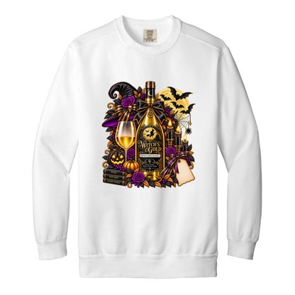 White sweatshirt with an elegant gothic Halloween design featuring an ornate golden bottle labeled “Witch's Gold,” surrounded by purple roses, black foliage, pumpkins, glowing candles, bats, spiderwebs, a witch hat, moon, and black-and-purple decorative ribbons on a transparent background