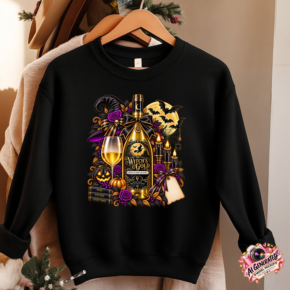 A black crewneck sweatshirt hanging on a wooden hanger, featuring a detailed graphic print of a Wine bottle, a filled wine glass, candles, pumpkins, and a full moon in purple, gold, and black. The sweatshirt is styled against a warm beige background with other hangers and garments partially visible.