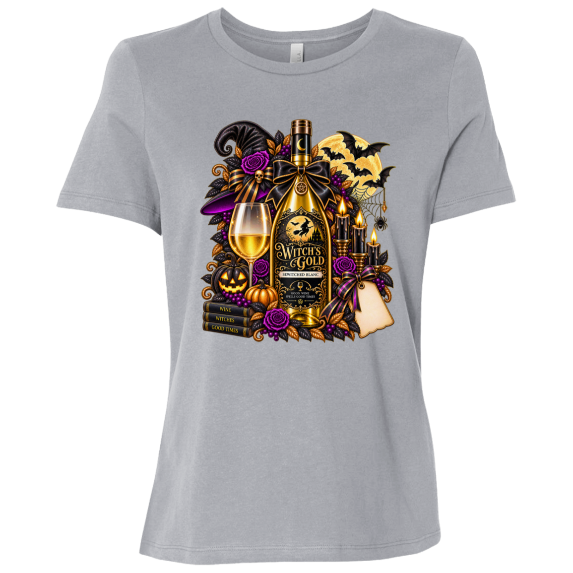 Athletic Grey T-shirt with an elegant gothic Halloween design featuring an ornate golden bottle labeled “Witch's Gold,” surrounded by purple roses, black foliage, pumpkins, glowing candles, bats, spiderwebs, a witch hat, moon, and black-and-purple decorative ribbons on a transparent background