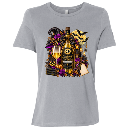 Athletic Grey T-shirt with an elegant gothic Halloween design featuring an ornate golden bottle labeled “Witch's Gold,” surrounded by purple roses, black foliage, pumpkins, glowing candles, bats, spiderwebs, a witch hat, moon, and black-and-purple decorative ribbons on a transparent background