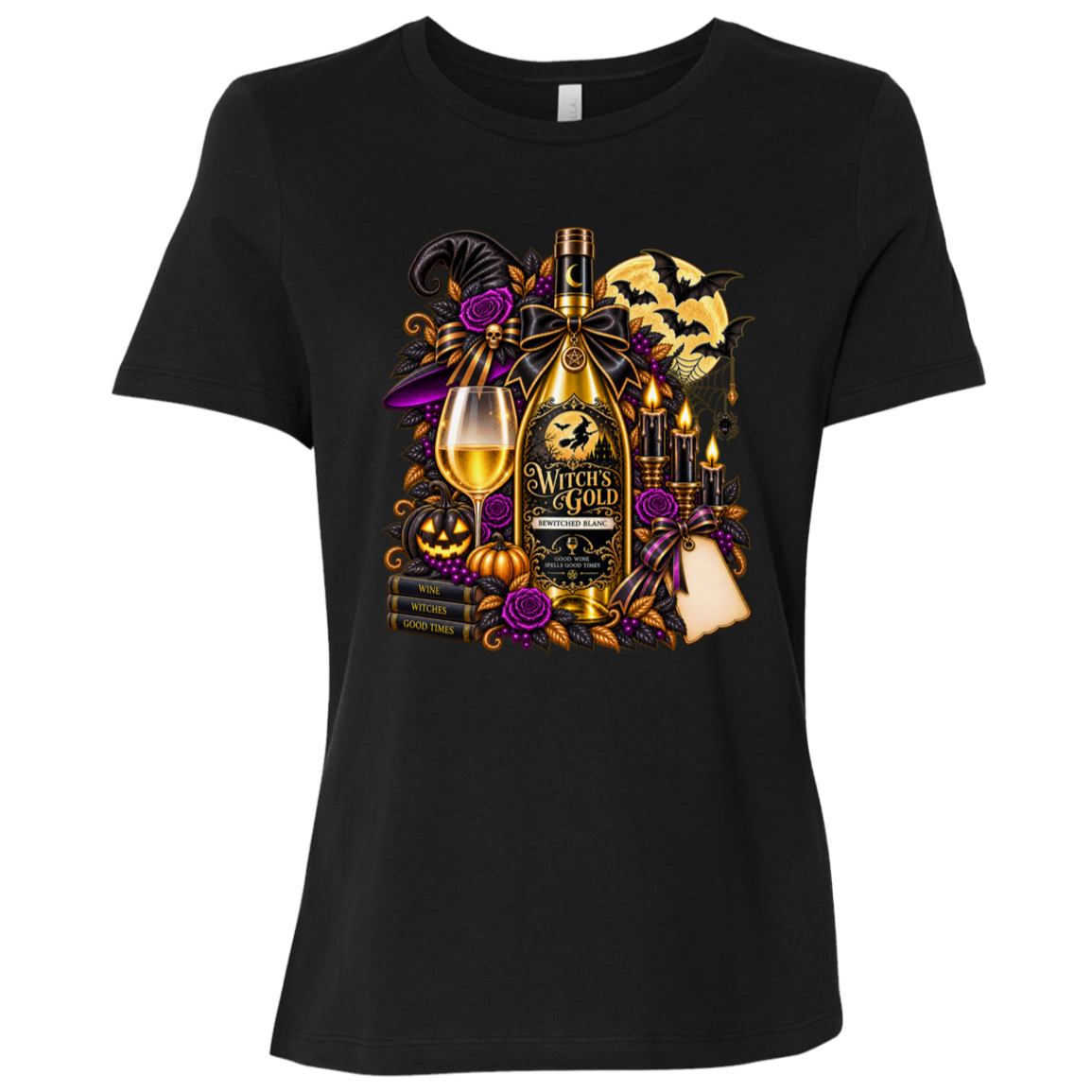 Black T-shirt with an elegant gothic Halloween design featuring an ornate golden bottle labeled “Witch's Gold,” surrounded by purple roses, black foliage, pumpkins, glowing candles, bats, spiderwebs, a witch hat, moon, and black-and-purple decorative ribbons on a transparent background