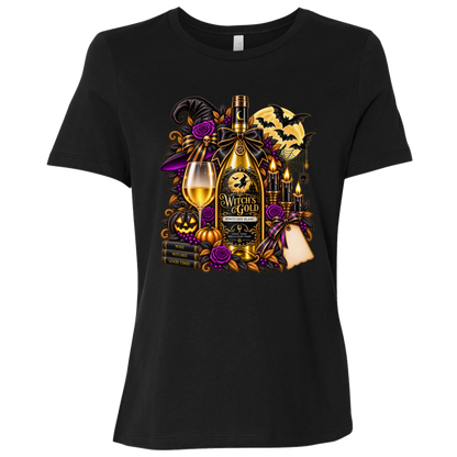 Black T-shirt with an elegant gothic Halloween design featuring an ornate golden bottle labeled “Witch's Gold,” surrounded by purple roses, black foliage, pumpkins, glowing candles, bats, spiderwebs, a witch hat, moon, and black-and-purple decorative ribbons on a transparent background