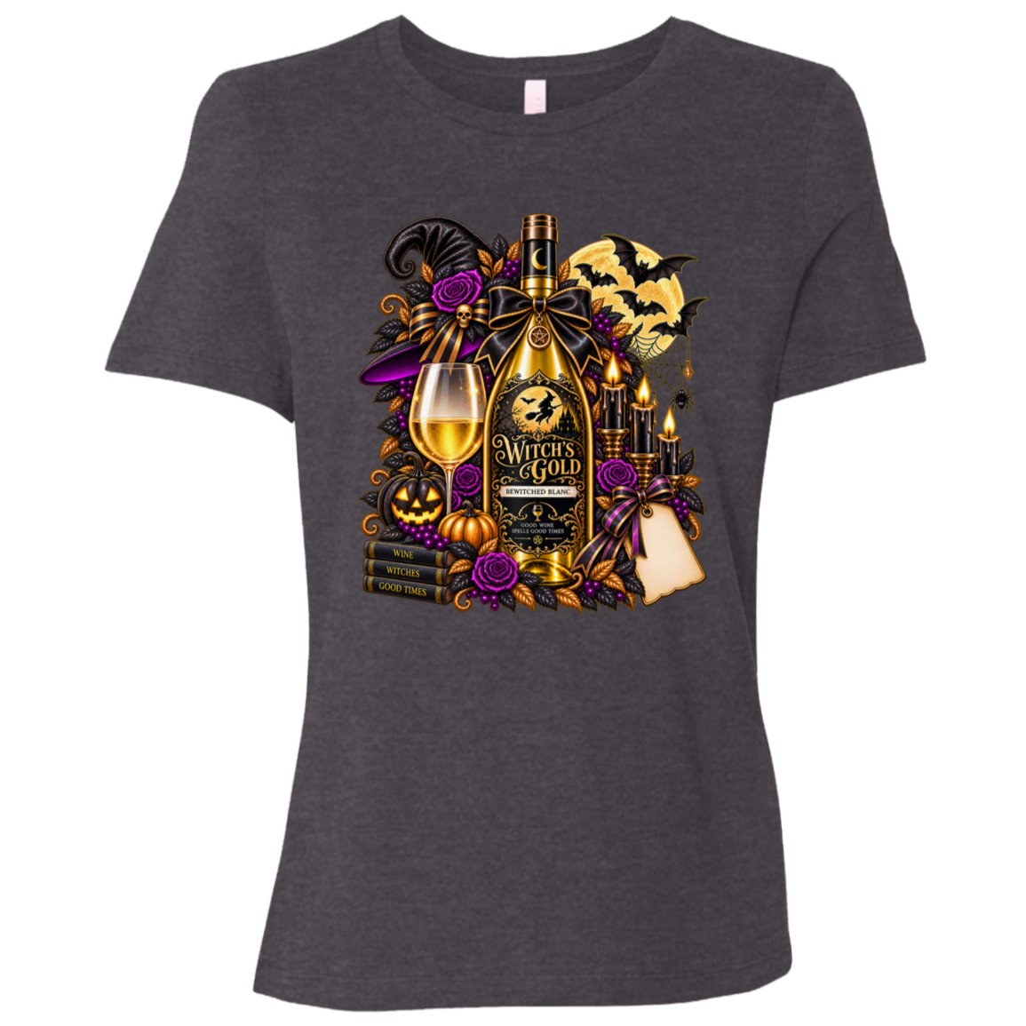 Dark Grey Heather T-shirt with an elegant gothic Halloween design featuring an ornate golden bottle labeled “Witch's Gold,” surrounded by purple roses, black foliage, pumpkins, glowing candles, bats, spiderwebs, a witch hat, moon, and black-and-purple decorative ribbons on a transparent background