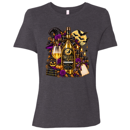 Dark Grey Heather T-shirt with an elegant gothic Halloween design featuring an ornate golden bottle labeled “Witch's Gold,” surrounded by purple roses, black foliage, pumpkins, glowing candles, bats, spiderwebs, a witch hat, moon, and black-and-purple decorative ribbons on a transparent background
