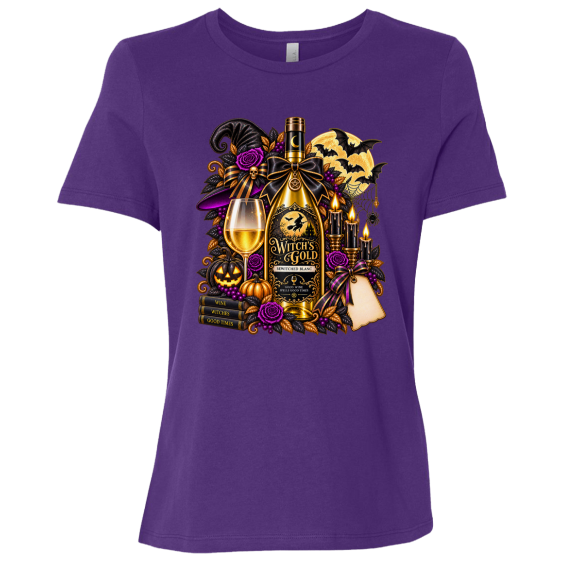 Purple T-shirt with an elegant gothic Halloween design featuring an ornate golden bottle labeled “Witch's Gold,” surrounded by purple roses, black foliage, pumpkins, glowing candles, bats, spiderwebs, a witch hat, moon, and black-and-purple decorative ribbons on a transparent background