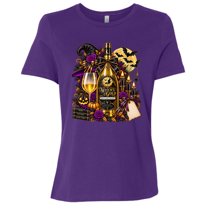 Purple T-shirt with an elegant gothic Halloween design featuring an ornate golden bottle labeled “Witch's Gold,” surrounded by purple roses, black foliage, pumpkins, glowing candles, bats, spiderwebs, a witch hat, moon, and black-and-purple decorative ribbons on a transparent background