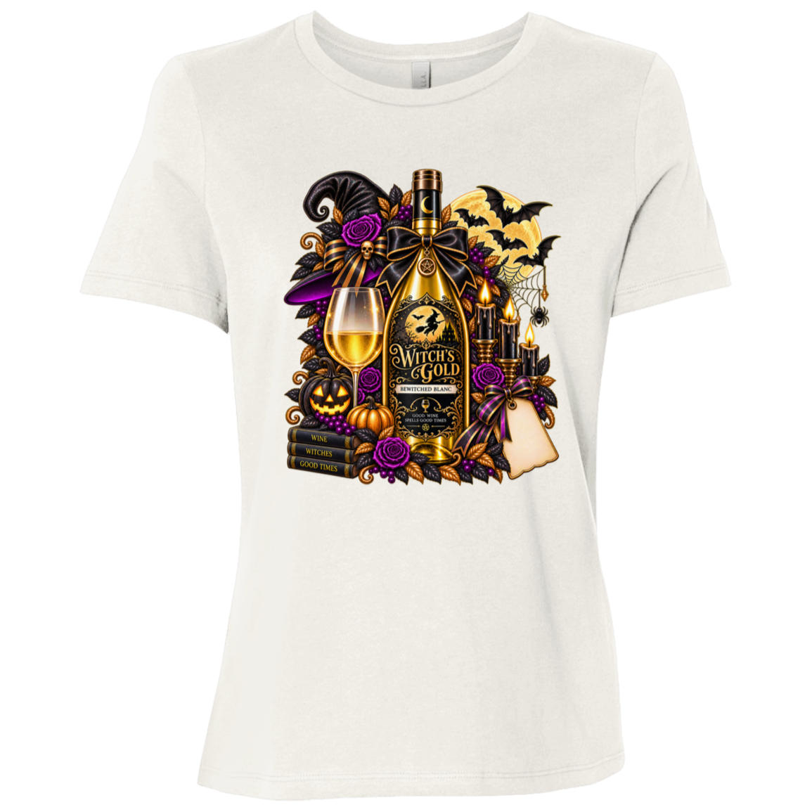 Vintage White T-shirt with an elegant gothic Halloween design featuring an ornate golden bottle labeled “Witch's Gold,” surrounded by purple roses, black foliage, pumpkins, glowing candles, bats, spiderwebs, a witch hat, moon, and black-and-purple decorative ribbons on a transparent background