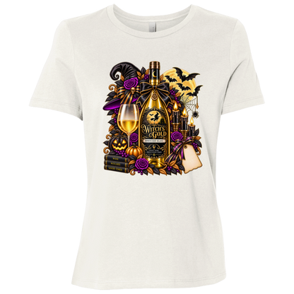 Vintage White T-shirt with an elegant gothic Halloween design featuring an ornate golden bottle labeled “Witch's Gold,” surrounded by purple roses, black foliage, pumpkins, glowing candles, bats, spiderwebs, a witch hat, moon, and black-and-purple decorative ribbons on a transparent background
