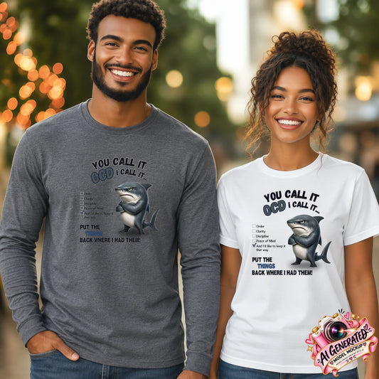 Two smiling adults standing outdoors wearing matching graphic T-shirts with a shark illustration and the text 'YOU CALL IT OCD. I CALL IT.