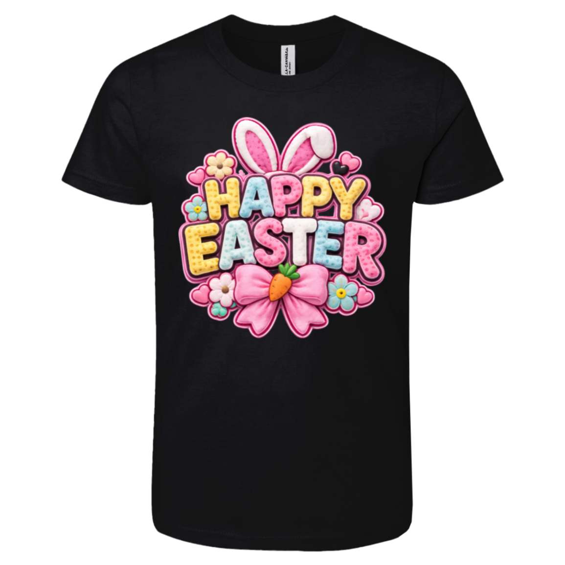 Black Pastel Happy Easter t-shirt with letters in yellow, pink, blue, and white with bunny ears and a pink bow on a transparent background