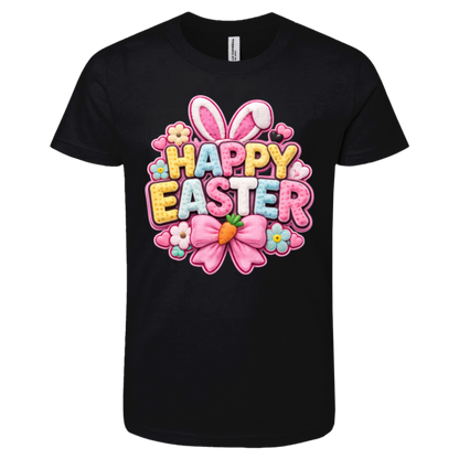 Black Pastel Happy Easter t-shirt with letters in yellow, pink, blue, and white with bunny ears and a pink bow on a transparent background