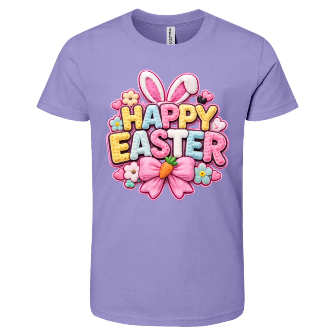 Dark Lavender Pastel Happy Easter t-shirt with letters in yellow, pink, blue, and white with bunny ears and a pink bow on a transparent background