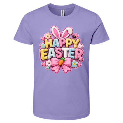 Dark Lavender Pastel Happy Easter t-shirt with letters in yellow, pink, blue, and white with bunny ears and a pink bow on a transparent background