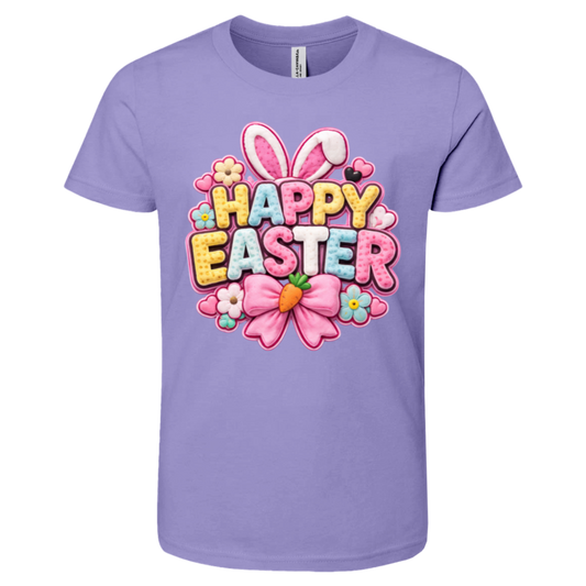 Dark Lavender Pastel Happy Easter t-shirt with letters in yellow, pink, blue, and white with bunny ears and a pink bow on a transparent background