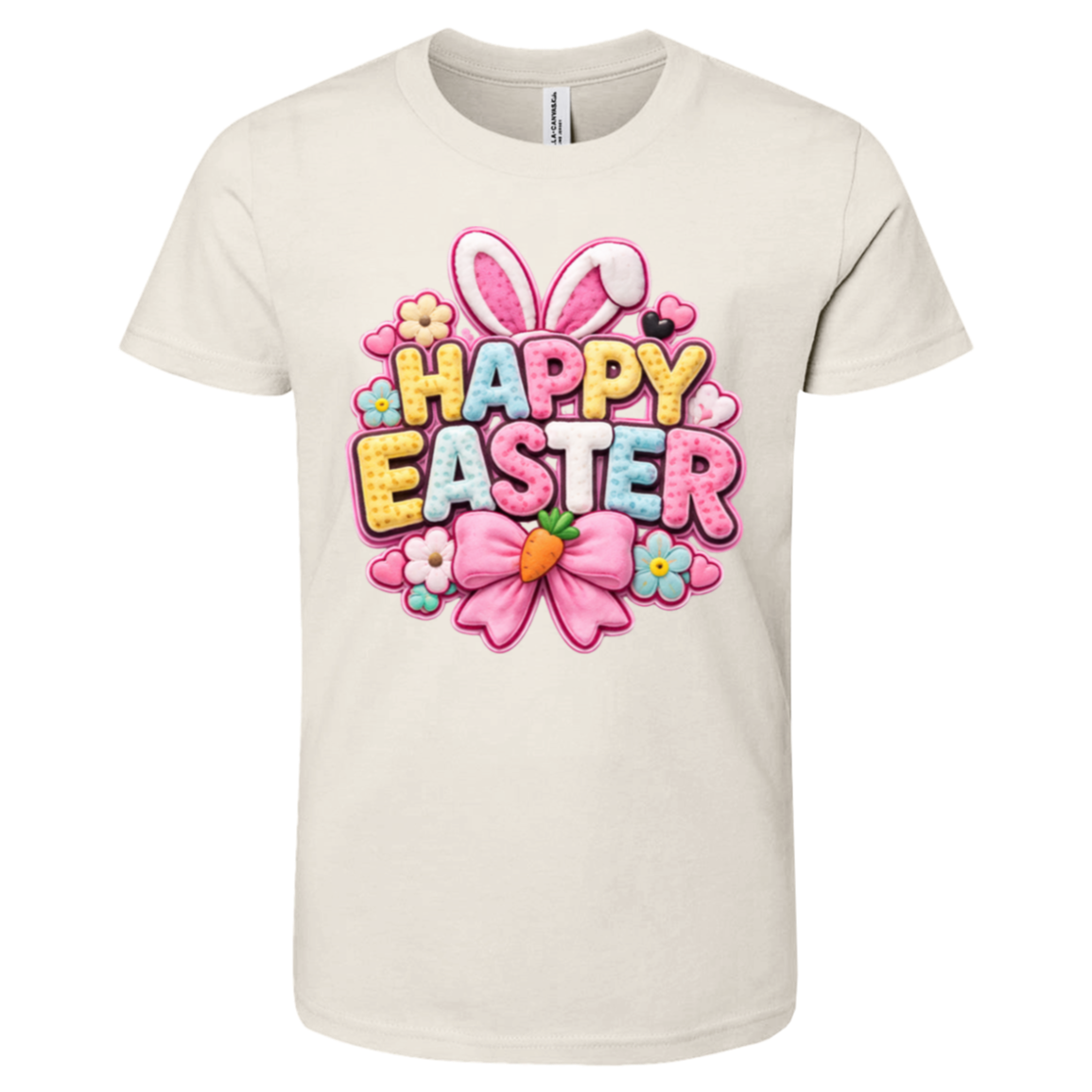 Natural Pastel Happy Easter t-shirt with letters in yellow, pink, blue, and white with bunny ears and a pink bow on a transparent background