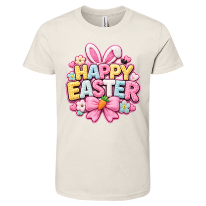 Natural Pastel Happy Easter t-shirt with letters in yellow, pink, blue, and white with bunny ears and a pink bow on a transparent background