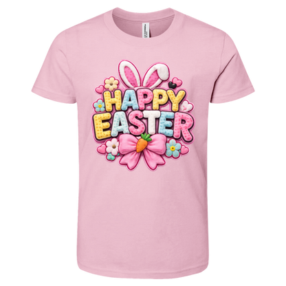 Pink Pastel Happy Easter t-shirt with letters in yellow, pink, blue, and white with bunny ears and a pink bow on a transparent background