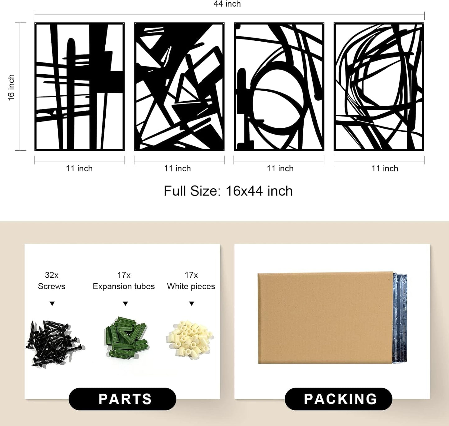 4-Pack Black Abstract Metal Wall Art: Minimalist Decor