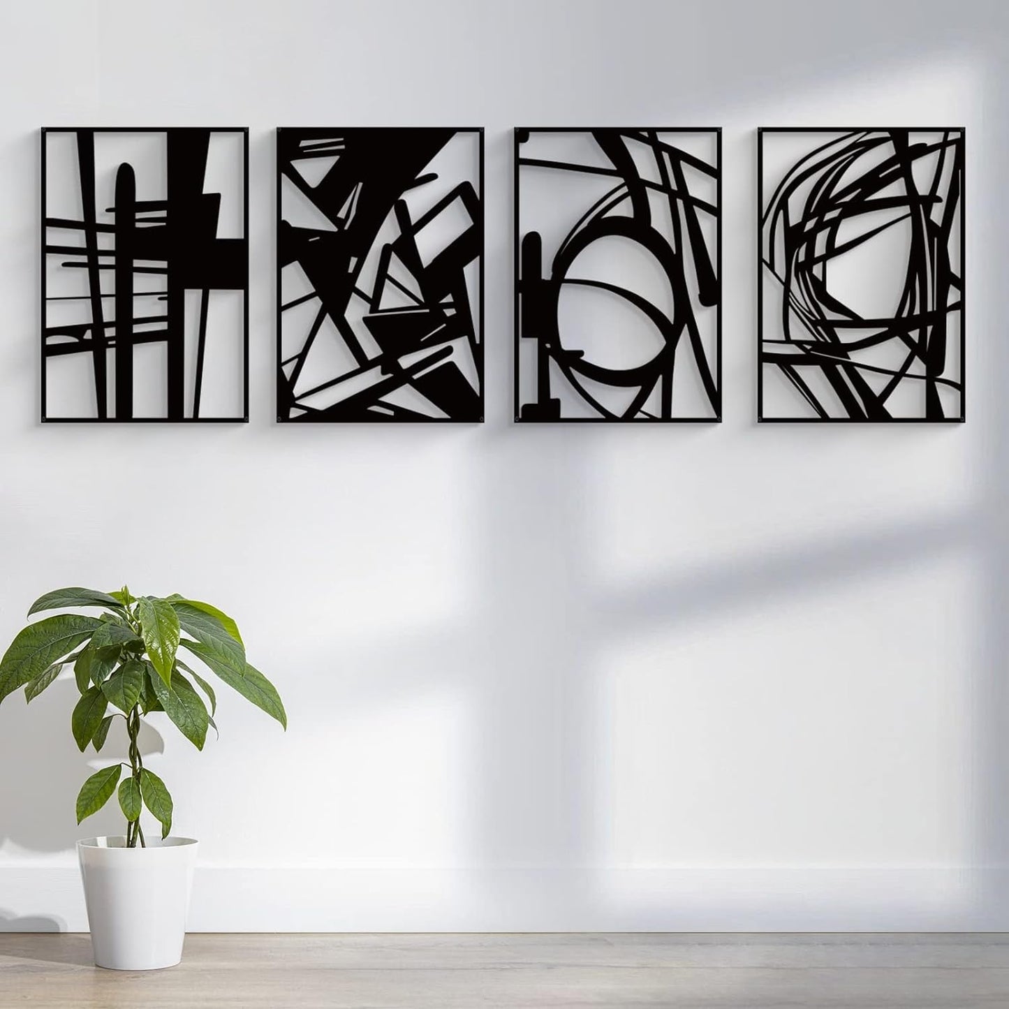 4-Pack Black Abstract Metal Wall Art: Minimalist Decor