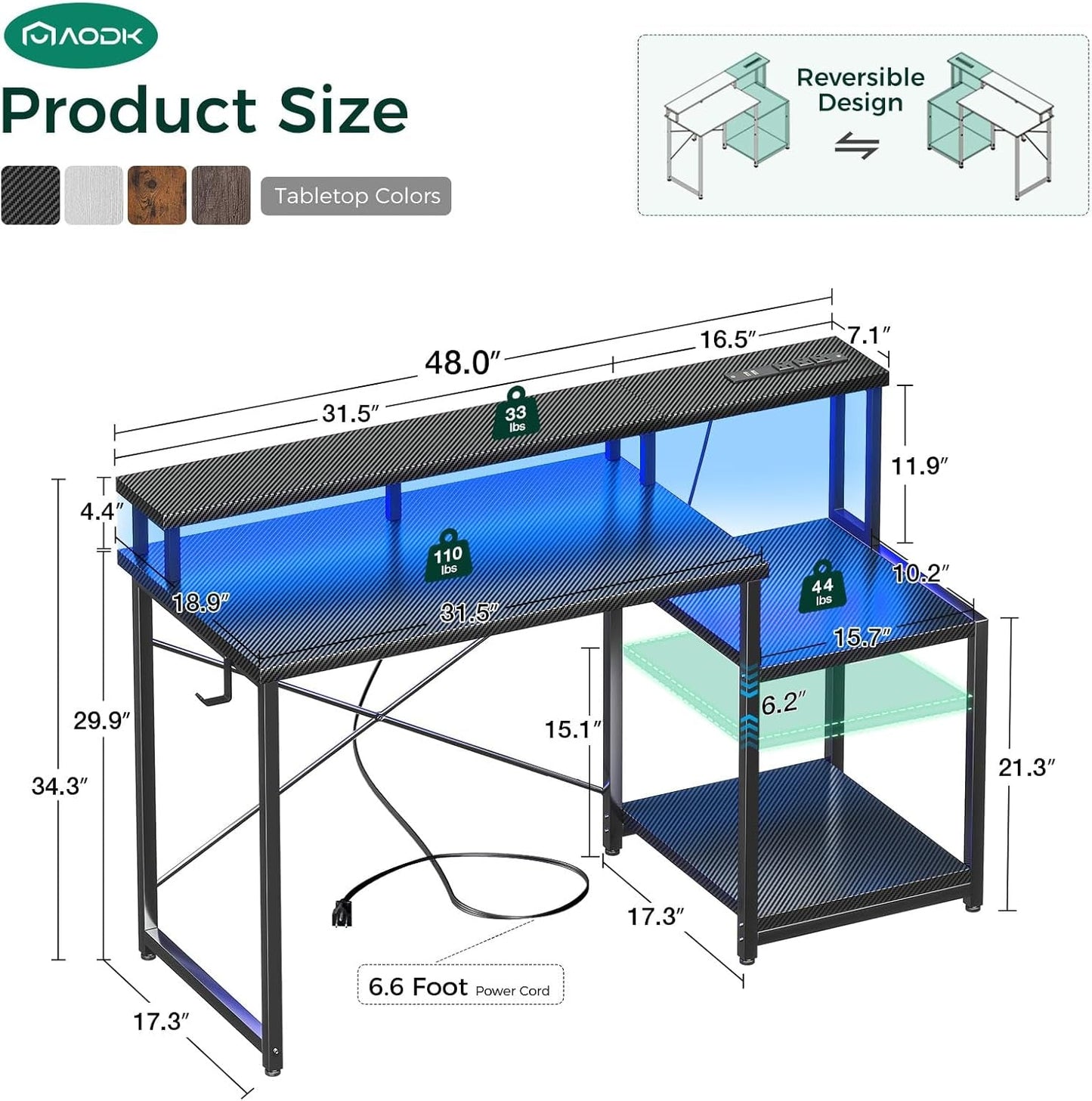 48 Inch Gaming Desk with Led Lights & Power Outlet