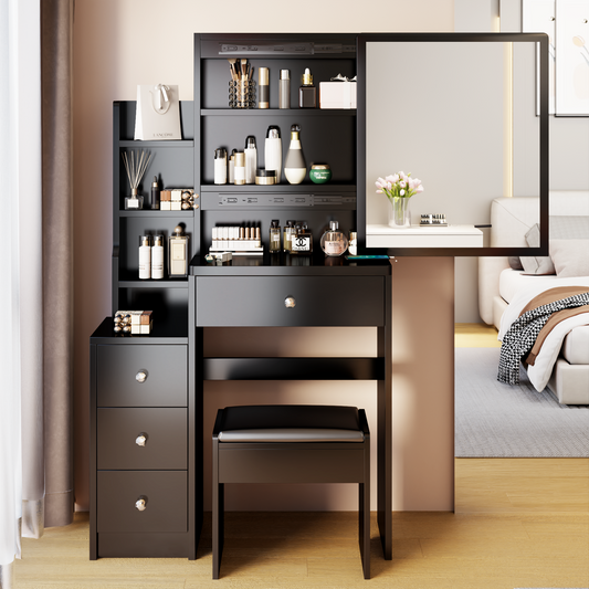 Small Space Vanity Table + Cushioned Stool