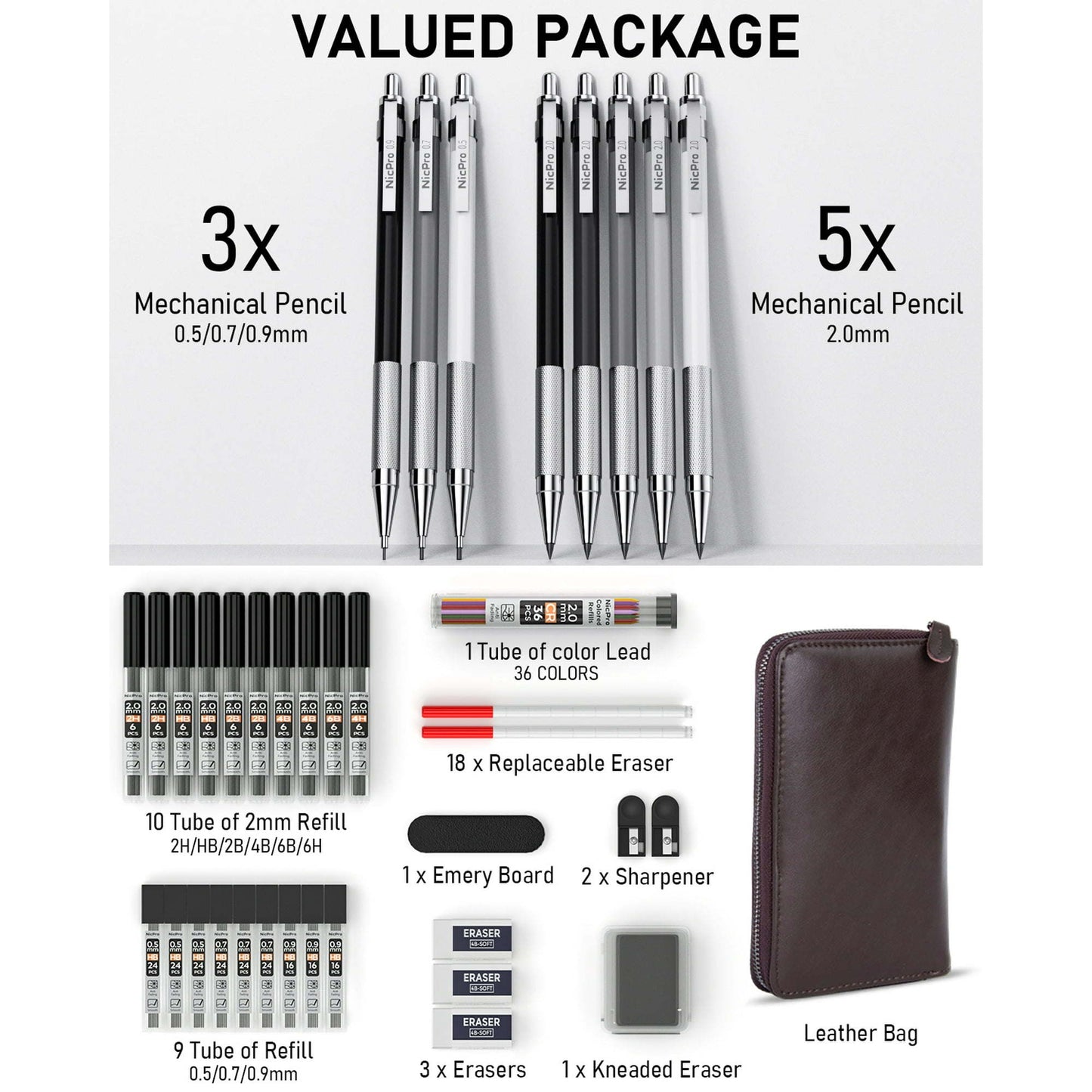 Nicpro 38 Pcs Art Mechanical Pencils Set in Leather Case with 20 Tube Lead Refills