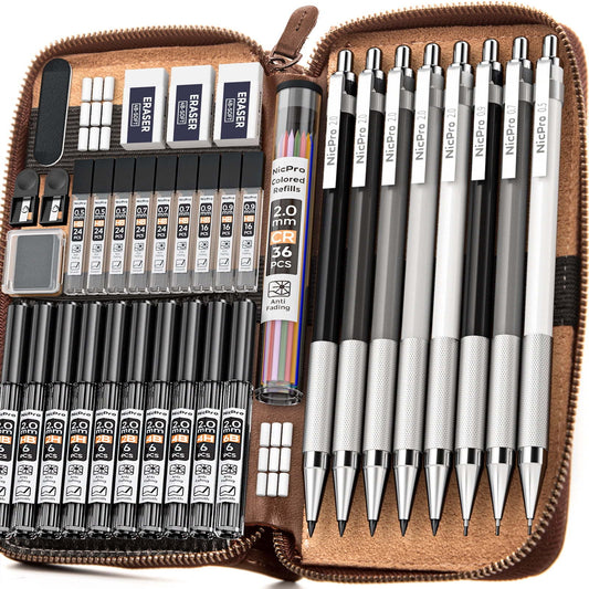 Nicpro 38 Pcs Art Mechanical Pencils Set in Leather Case with 20 Tube Lead Refills